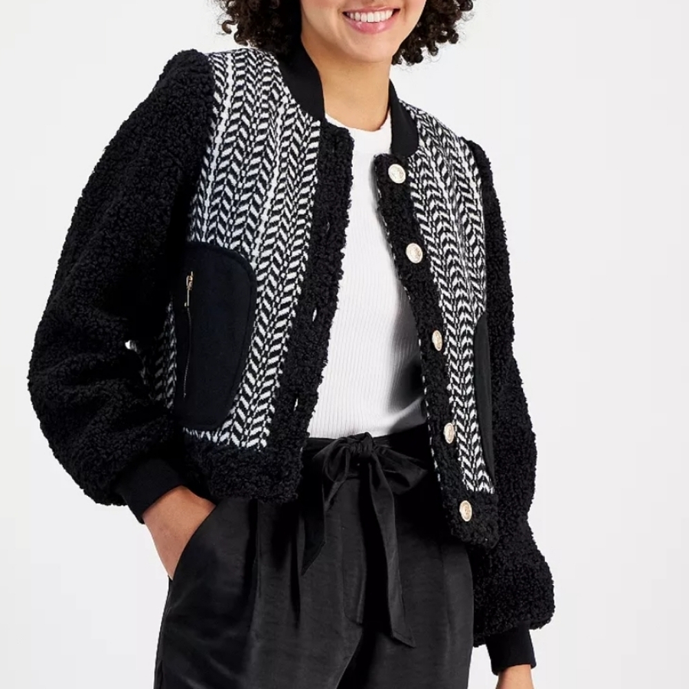 7 For All Mankind Mixed Media Tweed Sherpa Blazer Coat Jacket